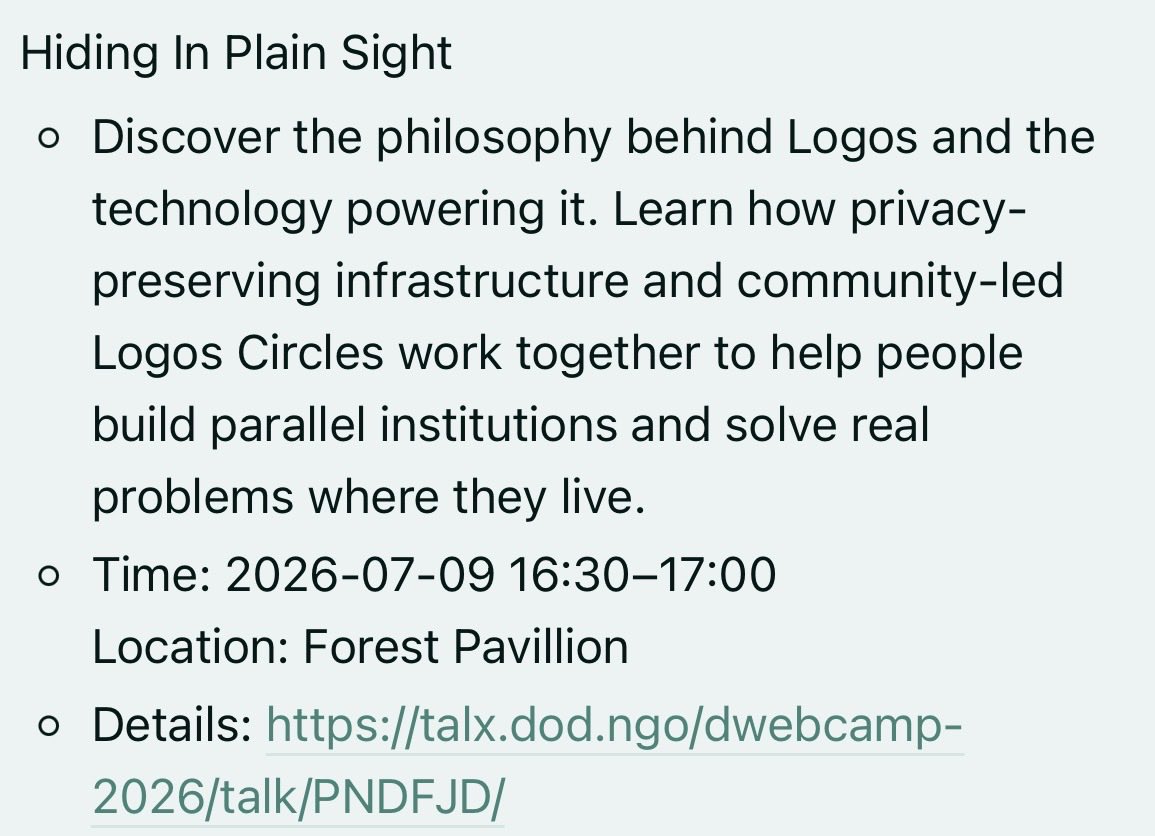 Crypto_marina's tweet photo. Next session will happen already today: “Hiding In Plain Sight”, where @vpavlin will talk about the philosophy behind Logos and the technology powering it.

⏰ 16:30–17:00 📍Location: Forest Pavillion https://t.co/M2FKXrWtX8