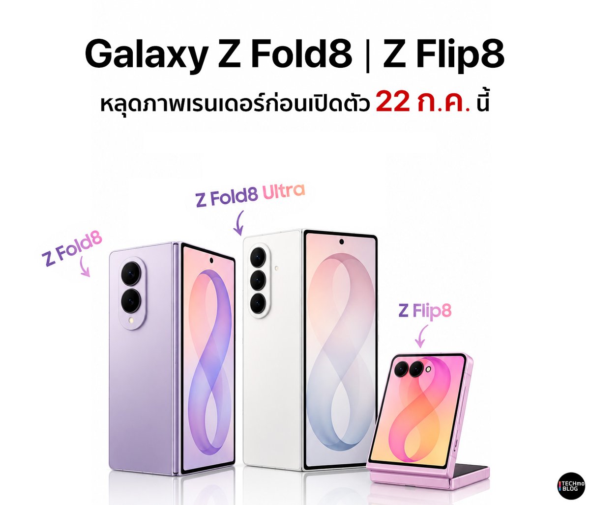 TechmoBlog's tweet photo. Samsung Galaxy Z Fold8, Fold8 Ultra และ Z Flip8 หลุดภาพเรนเดอร์ทางการครบชุด ก่อนเปิดตัว 22 กรกฎาคมนี้

https://t.co/GBukVlt91C https://t.co/VDLwFvv4hT