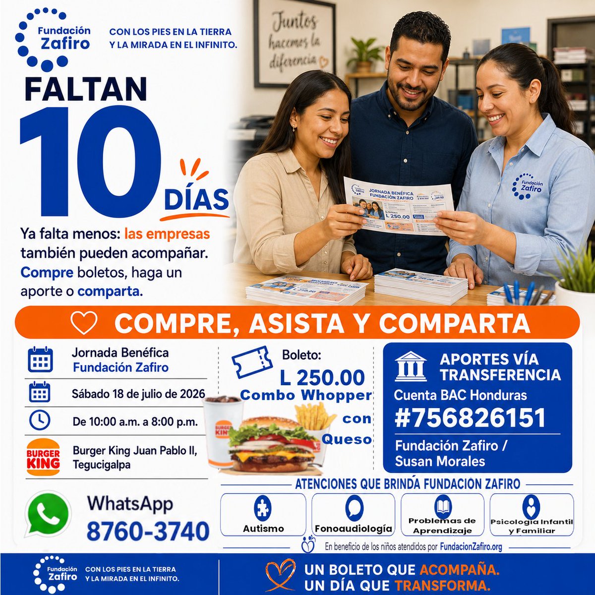 FundaZafiro's tweet photo. Faltan 10 días. Las empresas también pueden unirse: compren boletos a #FundacionZafiro para regalar Whoppers® a sus clientes y empleados, hagan un aporte o compartan esta invitación con su equipo y aliados. Cada gesto suma para niños y familias. 💙🤝
#TEA #Autismo https://t.co/SBYyAzI5xO