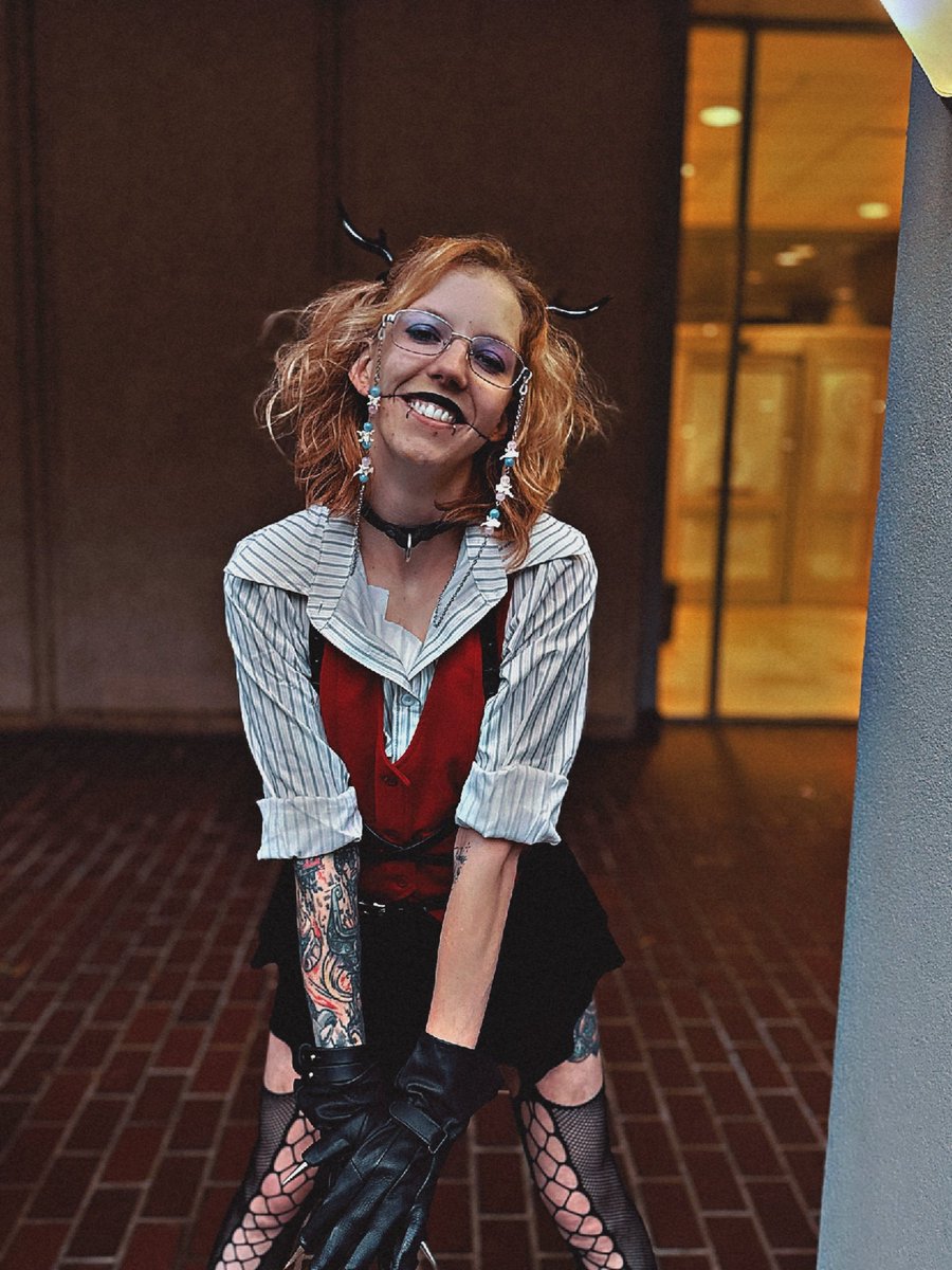 Im_Awkward_tm's tweet photo. Alastor inspired outfit with a sutured on smile because you're never fully dressed without a smile https://t.co/WAh3XQ9qQw