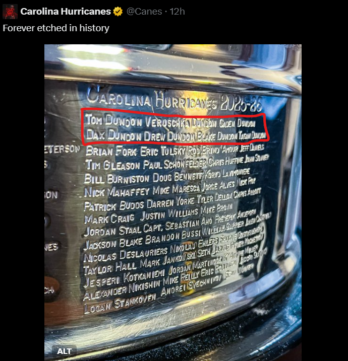 HabsGifs's tweet photo. Revolting.

Tom Dundon had his wife and all five of his children engraved on the Stanley Cup. None hold an official role with the Hurricanes, and the youngest is just 7 years old.

Even more unbelievable, they're listed before the players.

The @NHL needs to fix this. The Stanley Cup should honor those who contributed to winning it, not for those who "supported" the team.