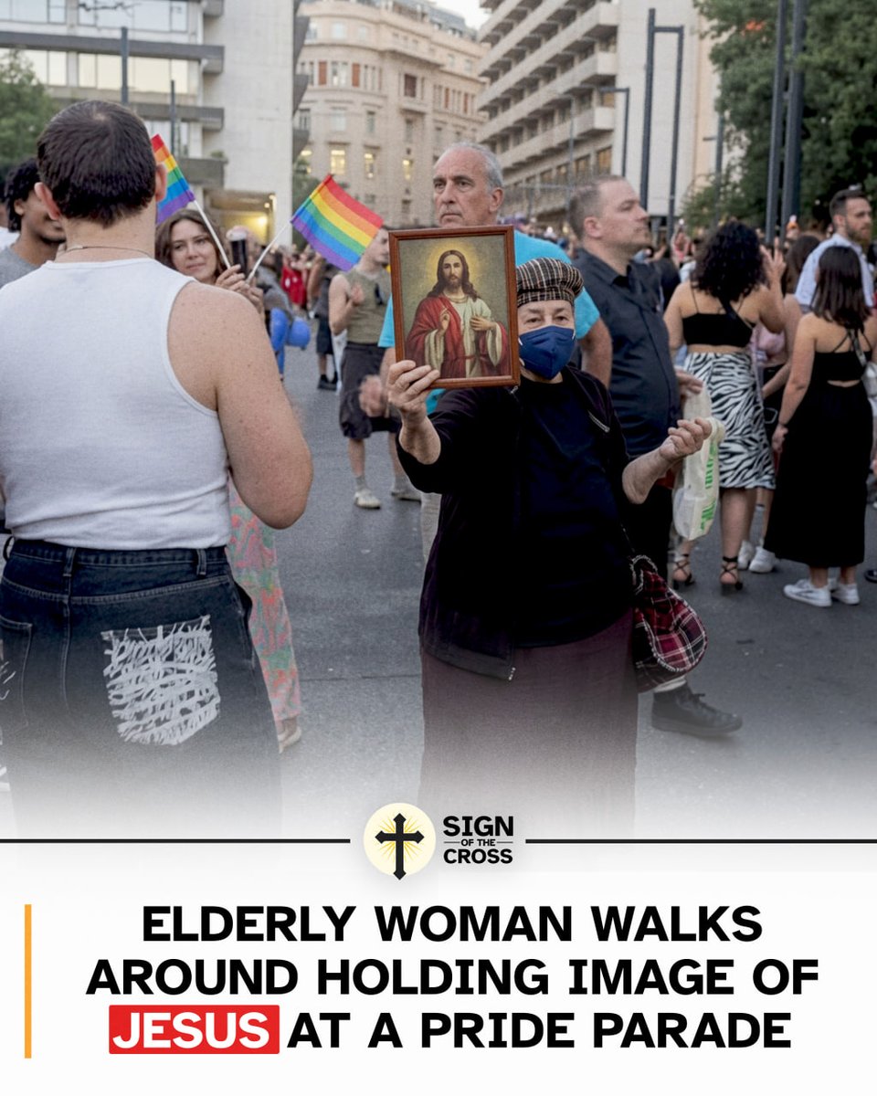 CatholicSOTC's tweet photo. Video of Greek woman holding up an image of Jesus Christ to attendees at a LGBT pride parade has gone viral. https://t.co/sys0xf8QnL