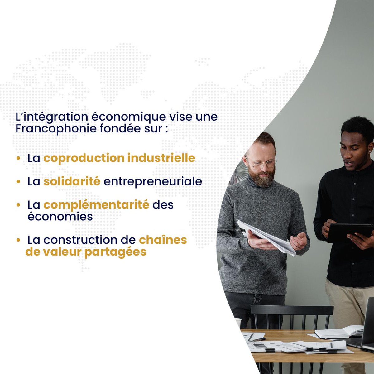 JulianaLumb's tweet photo. Projet n°2 : L'intégration économique intrafrancophone

Ce deuxième projet est également au cœur des propositions que je développe dans mon ouvrage « Pour la Francophonie des peuples ».

Le temps est venu de faire de la Francophonie un véritable espace de création de richesses, où la langue française devient un levier de coopération économique, d'investissement, d'innovation et de développement partagé.

Je porte une vision claire de l'intégration économique au service de la Francophonie : rapprocher les économies francophones, encourager la coproduction industrielle, renforcer les échanges entre entrepreneurs, favoriser le rayonnement des PME et bâtir des chaînes de valeur capables de générer des emplois, de stimuler l'industrialisation et d'accroître la souveraineté économique de nos États.

Cette dynamique s'appuie sur la complémentarité de nos économies, la solidarité entrepreneuriale et la création d'une Chambre francophone de commerce solidaire et de coproduction industrielle, appelée à devenir un moteur des investissements, des partenariats stratégiques et de l'innovation dans tout l'espace francophone, afin de transformer notre potentiel collectif en une prospérité durable pour les générations présentes et futures.

#LumumbaOIF #Francophonie2026 #NouveauLivre #PourLaFrancophonieDesPeuples #IntégrationÉconomiqueIntrafrancophone
