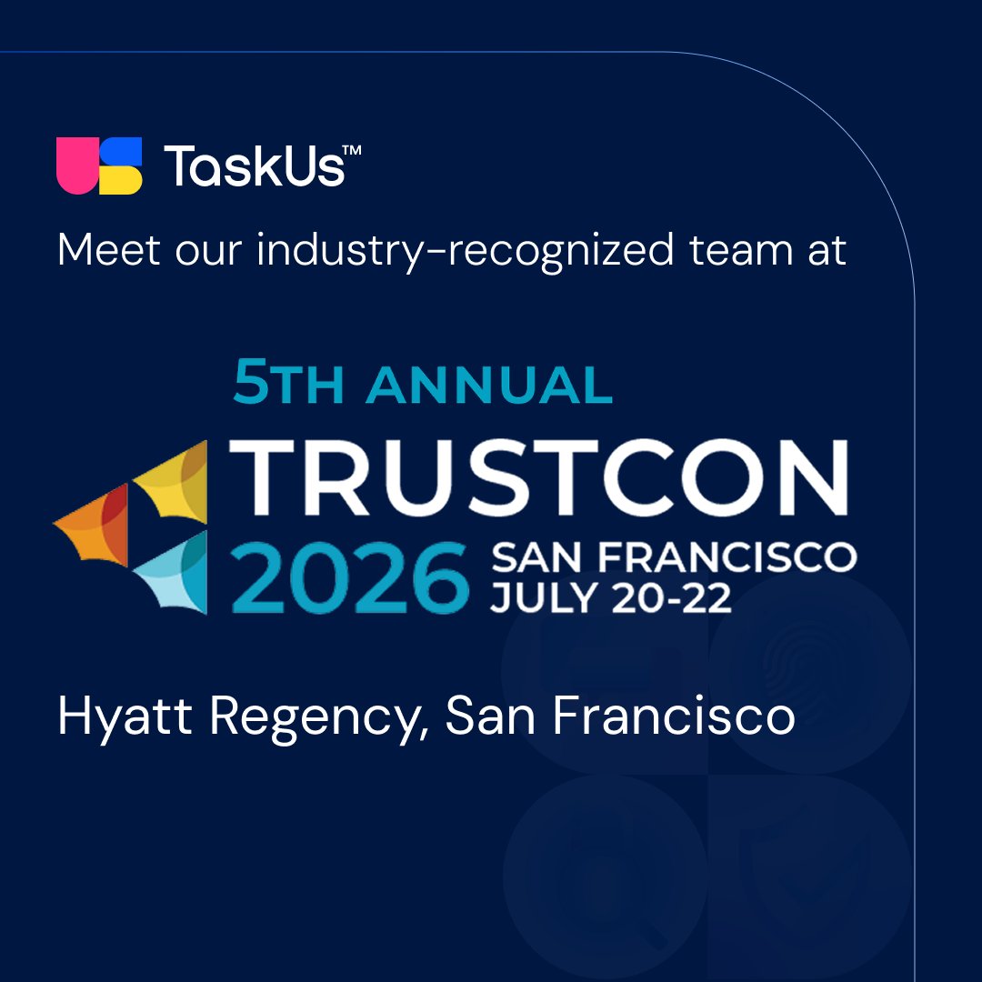 TaskUs's tweet photo. Our Trust & Safety and wellness experts will be at Trust & Safety Professional Association’s TrustCon 2026. 

If you’re looking for a fresh, frontline perspective on transforming operations, policy and team well-being in the age of AI — attend their sessions and book time to connect: https://t.co/8hQnxaWMtn

#TaskUs #TrustCon #TrustAndSafety #DigitalSafety