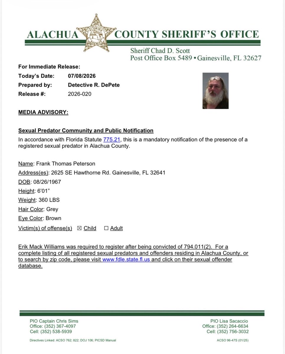 AlachuaSheriff's tweet photo. Please see the sexual predator notification in Alachua County for registered sexual predator Frank Peterson. For a complete listing of all registered sexual predators and offenders residing in Alachua County visit https://t.co/aultnaoLNk https://t.co/NKAty10nB7