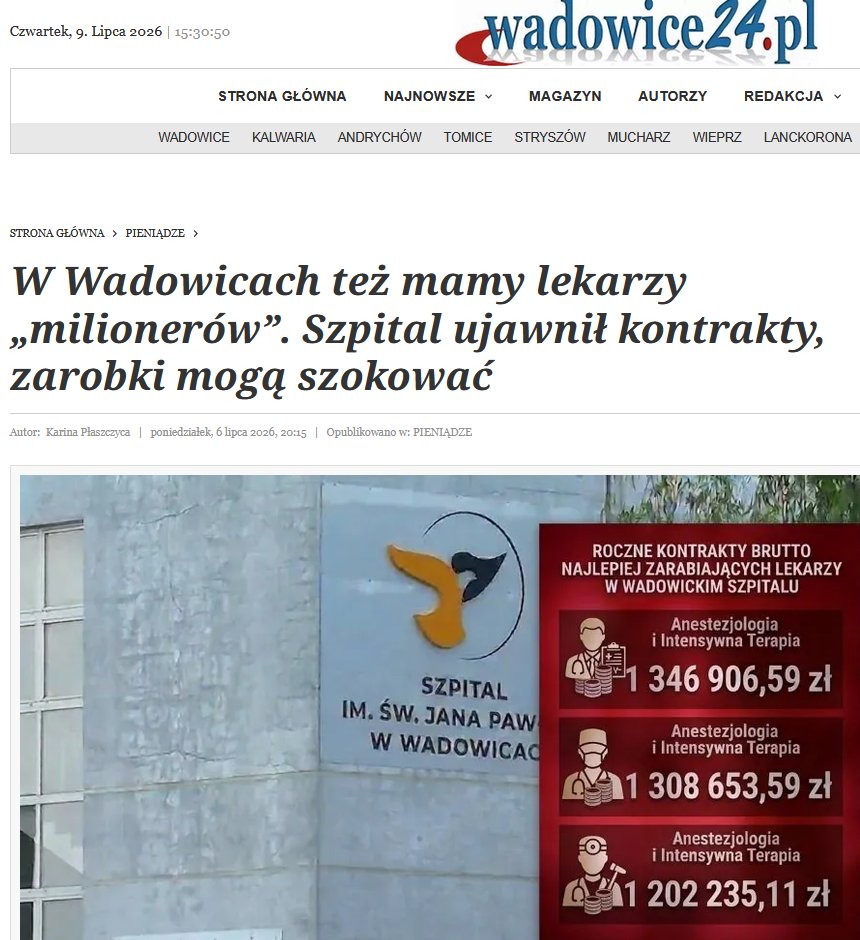 Bob57PL's tweet photo. 🚑W Szpitalu im. św. Jana Pawła II w Wadowicach na wynagrodzenie dla 89 lekarzy zatrudnionych na podstawie umów cywilnoprawnych przeznaczono w 2025 roku 43 mln złotych.
Trzej najlepiej wynagradzani lekarze zarobili w 2025 roku 1 346 906,59 zł, 1 308 653,59 zł i 1 202 235,11 zł‼️ https://t.co/PMamJYYMVl