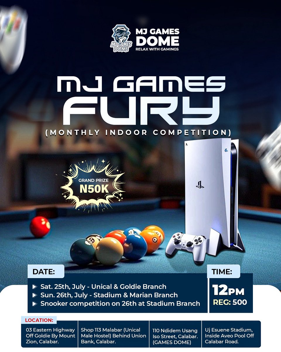 MJGamesDome_'s tweet photo. Game on! Are you ready to prove you’re the ultimate champion?

Join us for an action-packed gaming competition where skill meets excitement. 
Compete against the best, enjoy an electrifying atmosphere, and stand a chance to WIN the ₦50,000 Grand Prize!🏆💰 https://t.co/yl2oIWDyAD