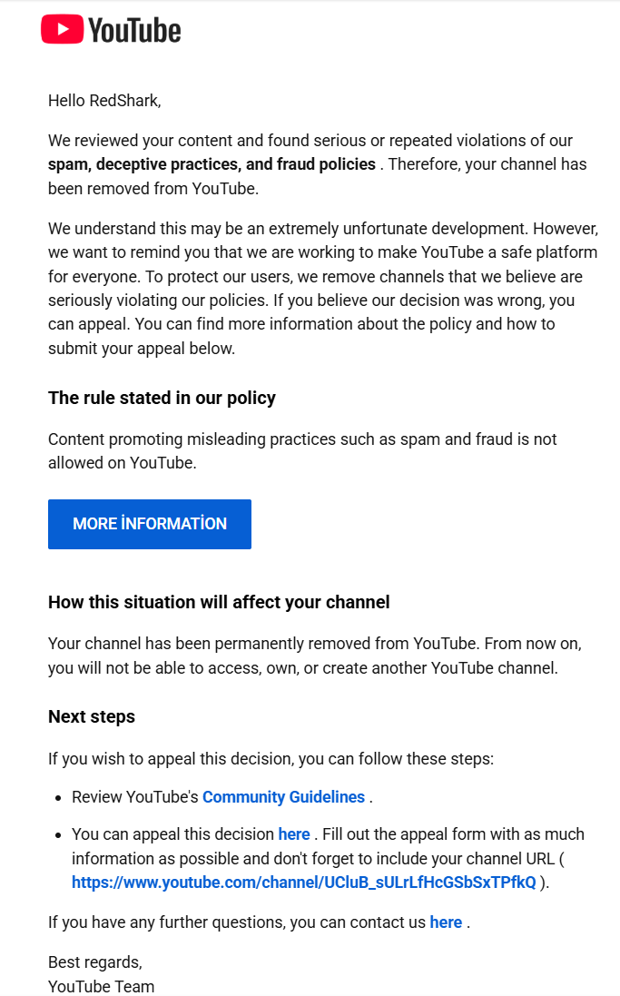 RedSharkYtube's tweet photo. @TeamYouTube 

Today, three of my separate channels—which collectively had over 800k subscribers—were shut down. I was told the reason for the shutdown was violations of spam, deceptive practices, and fraud policies. I was posting different types of content on these channels +++ https://t.co/B62xrg2ZTZ
