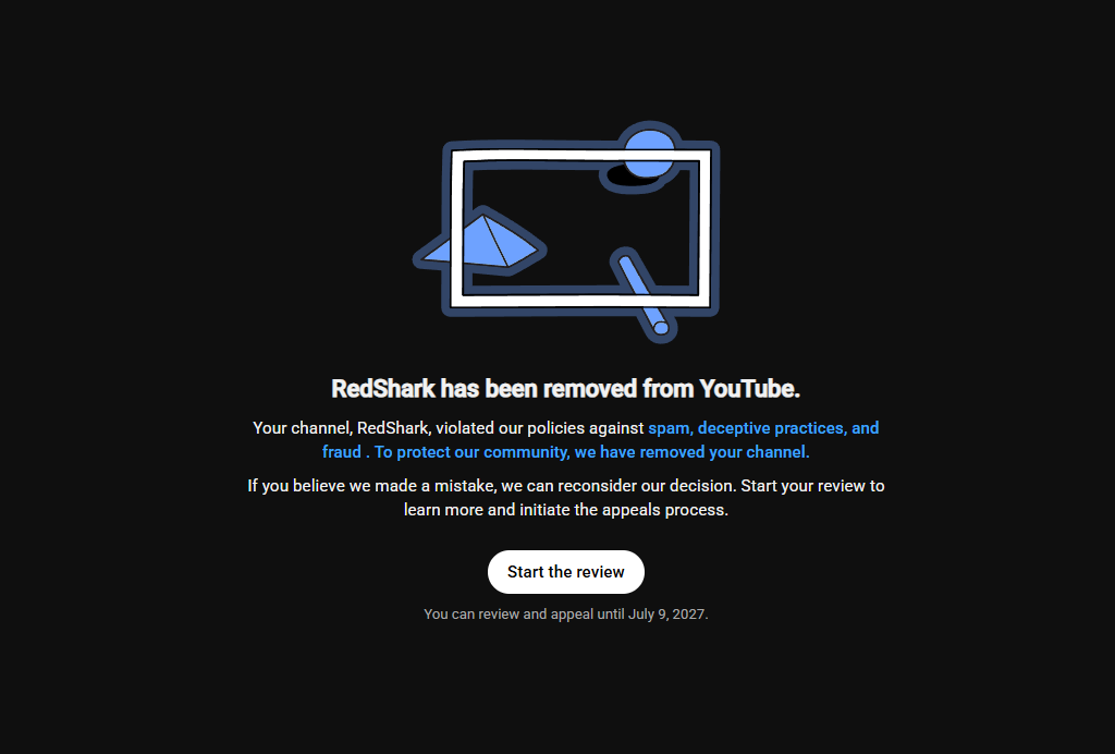 RedSharkYtube's tweet photo. @TeamYouTube 

Today, three of my separate channels—which collectively had over 800k subscribers—were shut down. I was told the reason for the shutdown was violations of spam, deceptive practices, and fraud policies. I was posting different types of content on these channels +++ https://t.co/B62xrg2ZTZ