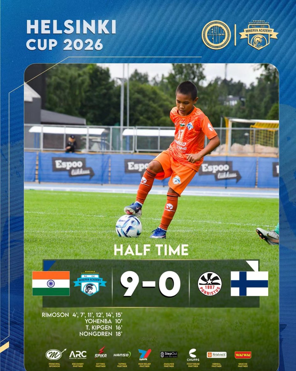 minervapunjabfc's tweet photo. HALF TIME.๐
Minerva Academy FC 9๏ธโฃ vs0๏ธโฃ Helsingin Ponnistus
An exceptional first half performance from our young warriors.
#MAFC #TheFactory #HelsinkiCup2026 #IndianFootball #Warriors https://t.co/L4fvRfQOjC