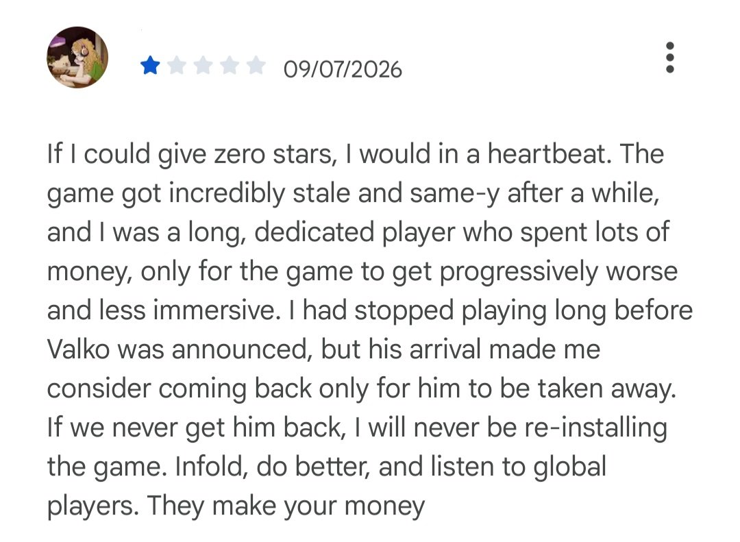 turnsandyearns's tweet photo. @Love_Deepspace My review. 

I may not be a player anymore, but Valko truly made me consider coming back, and you pulled a bum-ass move by scrapping him.

If you don't address your global fans, Infold, you'll soon find your game collecting dust rather than Hunters https://t.co/6gcKTgJ2hx
