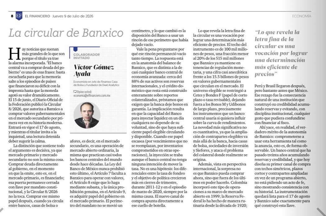 Victor_Ayala's tweet photo. Banxico publicó recientemente una circular que le permite comprar bonos del gobierno en el mercado secundario. Vale la pena entender las razones.

Mis reflexiones en El Financiero
👇🏼

https://t.co/z7BKoax8h8 https://t.co/swHJOckEGL