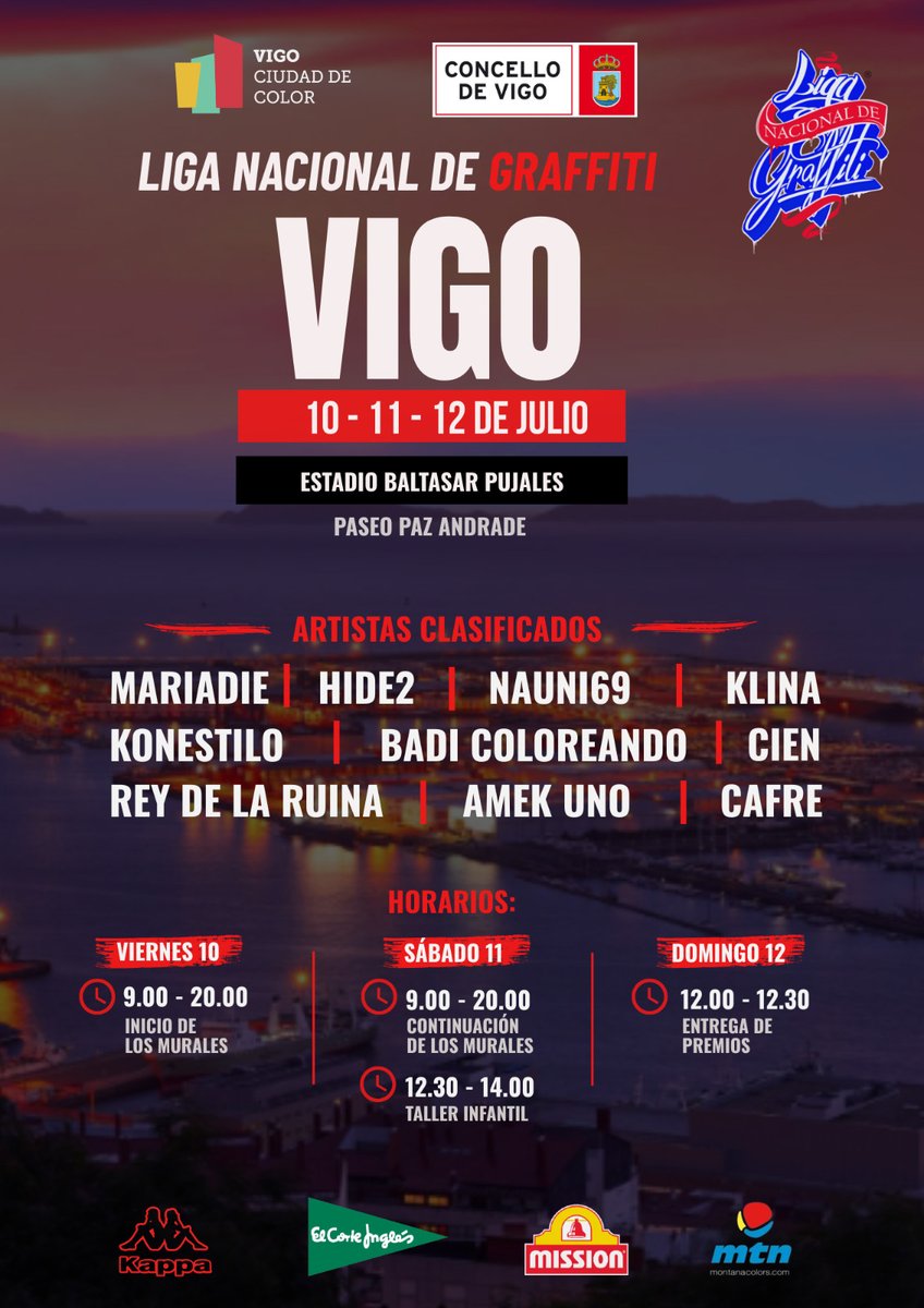 TurismodeVigo's tweet photo. 🎨 ¡El arte urbano toma Bouzas! ✨

📆Del 10 al 12 de julio, la Liga Nacional de Graffiti llega a Vigo para transformar el muro del Estadio Municipal Baltasar Pujales en un gran lienzo al aire libre.

🖌️ 10 artistas, creación en directo y actividades para todos los públicos. https://t.co/B49uNAFFCT