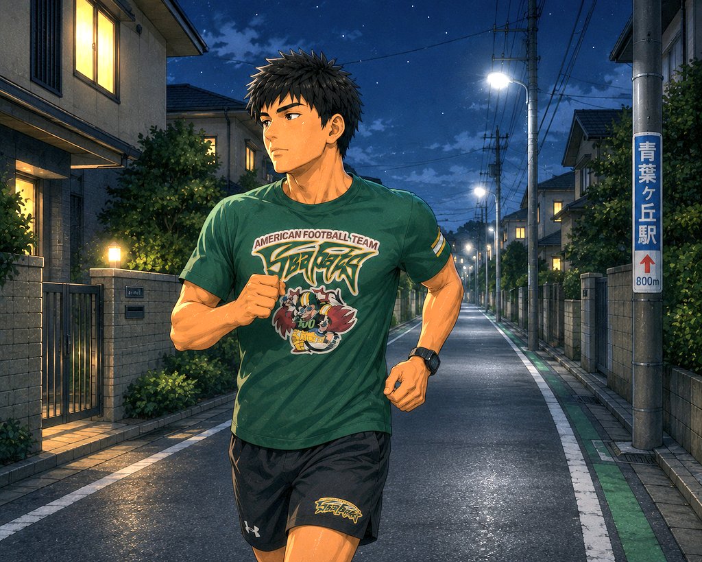 football_majin's tweet photo. 日中が暑くなったので、日没後からトレーニングを始めた。しかし、きょうは蒸し暑い。
あの、イッキマンは怪しい人間じゃないよ。アメフット選手だよ。
【AI生成】 https://t.co/lQlJgscZZm