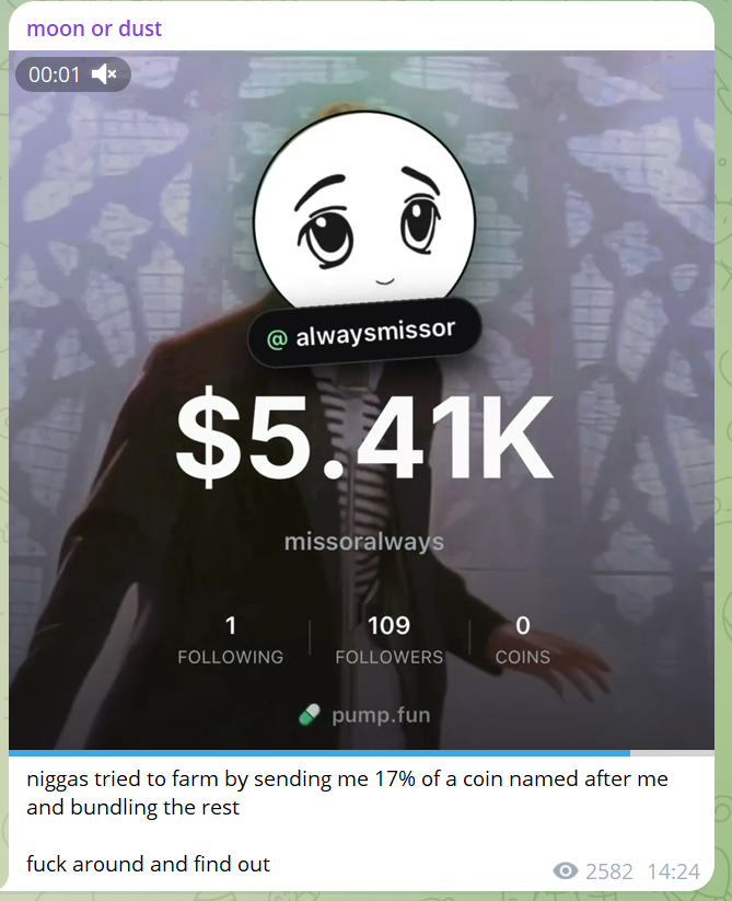 rugged_onchain's tweet photo. A little story about @missoralways 
He posted his pumpfun profile recently, and someone sent him supply in that day 
3 days later, missor claimed fees and then after 1 minute bought this token 
I thought "wow, looks like he want to participate in that meta too"
I'm following him for 2 years and he always flexxing High PNL so i thought "he's not gonna rug it for peanuts" and bought 28 sol
Later, he sold all his supply and droped that post on 1st screenshot 
Dunno who were bundling cuz token was dead at 3k mcap before Missor actually bought it, so he psyoped people and then flexxed 4k pnl. Im not a sniper, not a copytrader, i bought it from market at 40k mcap and ended up in ~25 sol loss.
Funny enough later he posted another 100k+ PNL on $bibi 
NEVER trust anyone in this space.