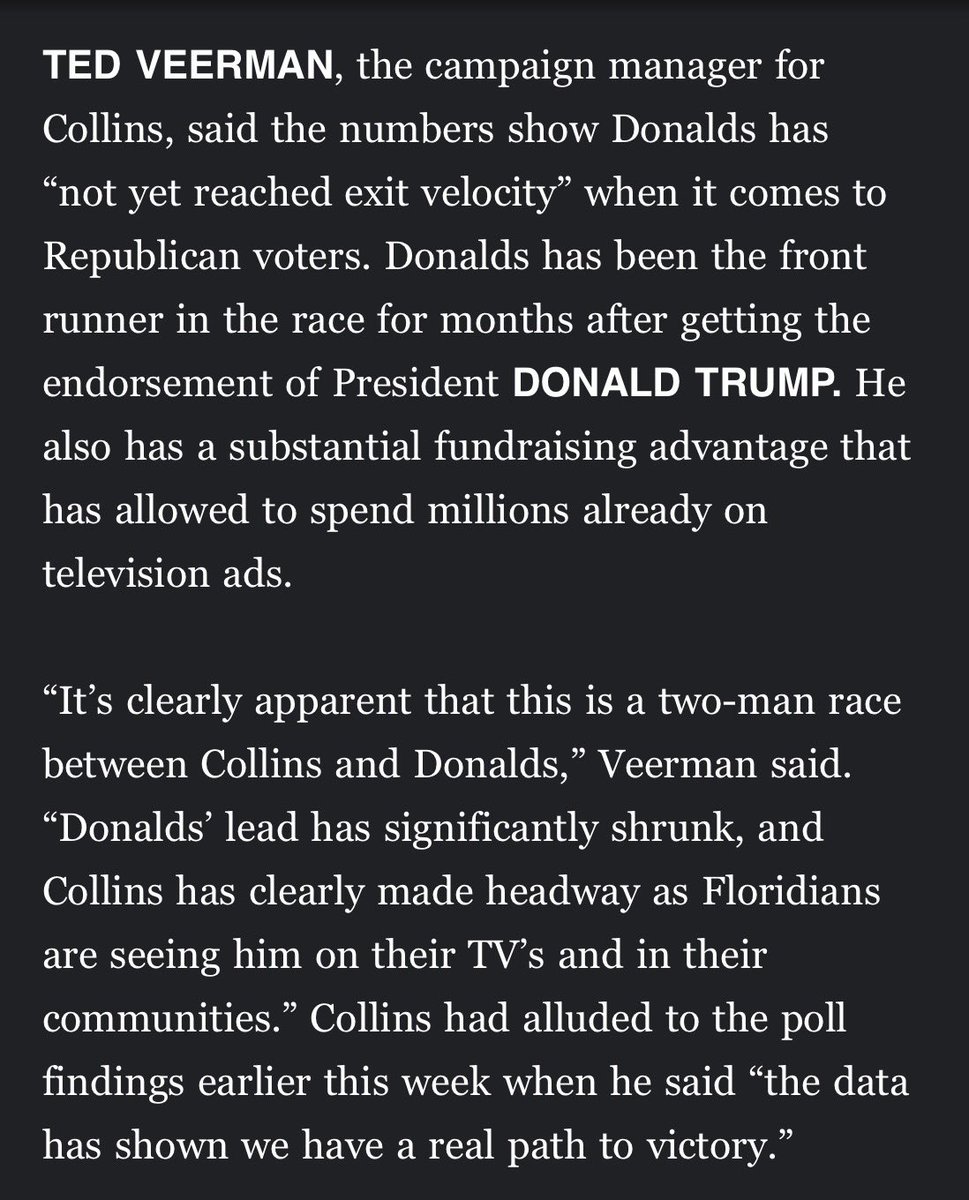 JayCollinsFL's tweet photo. This is a two man race.

The latest polling confirms what we've been seeing across Florida: our campaign is growing because of supporters like you.

Sound familiar? It should. This is starting to look a lot like 2018.

The political establishment doesn't decide who becomes Governor. Florida Republicans do.

Governor Ron DeSantis gave Florida eight of the strongest years in our state's history. I'm running to continue that Florida Blueprint, protect what we've built, and keep Florida leading the nation.

Let's get to work.