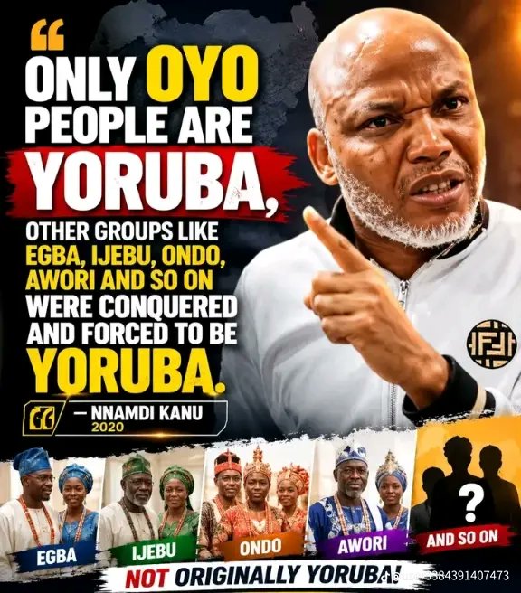 Nmawundiro's tweet photo. Only OYO people are Yariba, other groups like, EGBA, IJEBU, ONDO, AWORI and so on were conquered and forced to be Yariba.

~ Mazi Nnamdi Kanu ~ https://t.co/vkoufIhVev