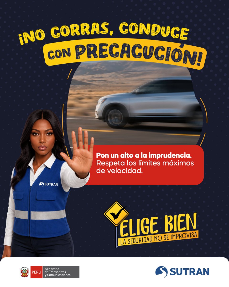 sutranperu's tweet photo. ¡No arriesgues tu vida! 
🚗💨 El exceso de velocidad puede causar daños irreparables. Recuerda que la vía no es una pista de carreras. 
#EligeBien, la  seguridad no se improvisa https://t.co/ptY82UemXn