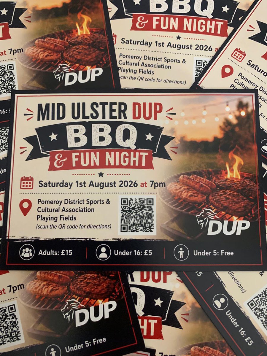 duponline's tweet photo. 🔥 MID ULSTER DUP BBQ &amp; FUN NIGHT 🔥

Saturday 1st August 2026 -  7.00pm
📍 Pomeroy District Sports &amp; Cultural Association Playing Fields
•⁠  ⁠Adults – £15
•⁠  ⁠Under 16 – £5
•⁠  ⁠Under 5 – FREE

To book your place, please contact Keith Buchanan at keithab02@yahoo.co.uk. https://t.co/VtonKqUQFu