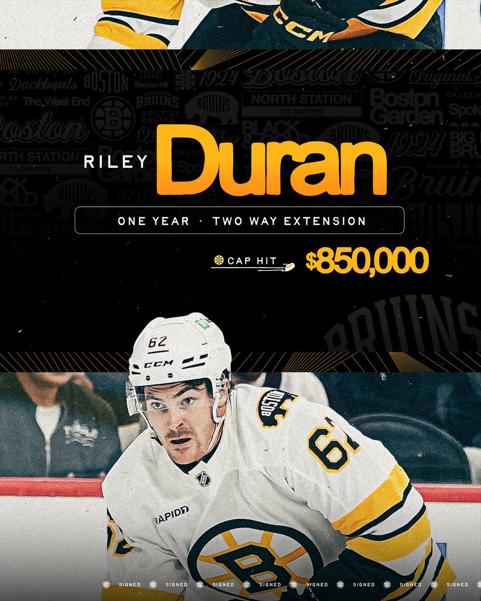 NHLBruins's tweet photo. The #NHLBruins have signed forward Riley Duran to a one-year, two-way contract extension through the 2026-27 season with an NHL cap hit of $850,000.

📰: https://t.co/cFsfOZ7MfF https://t.co/8oCXvXZ5rs