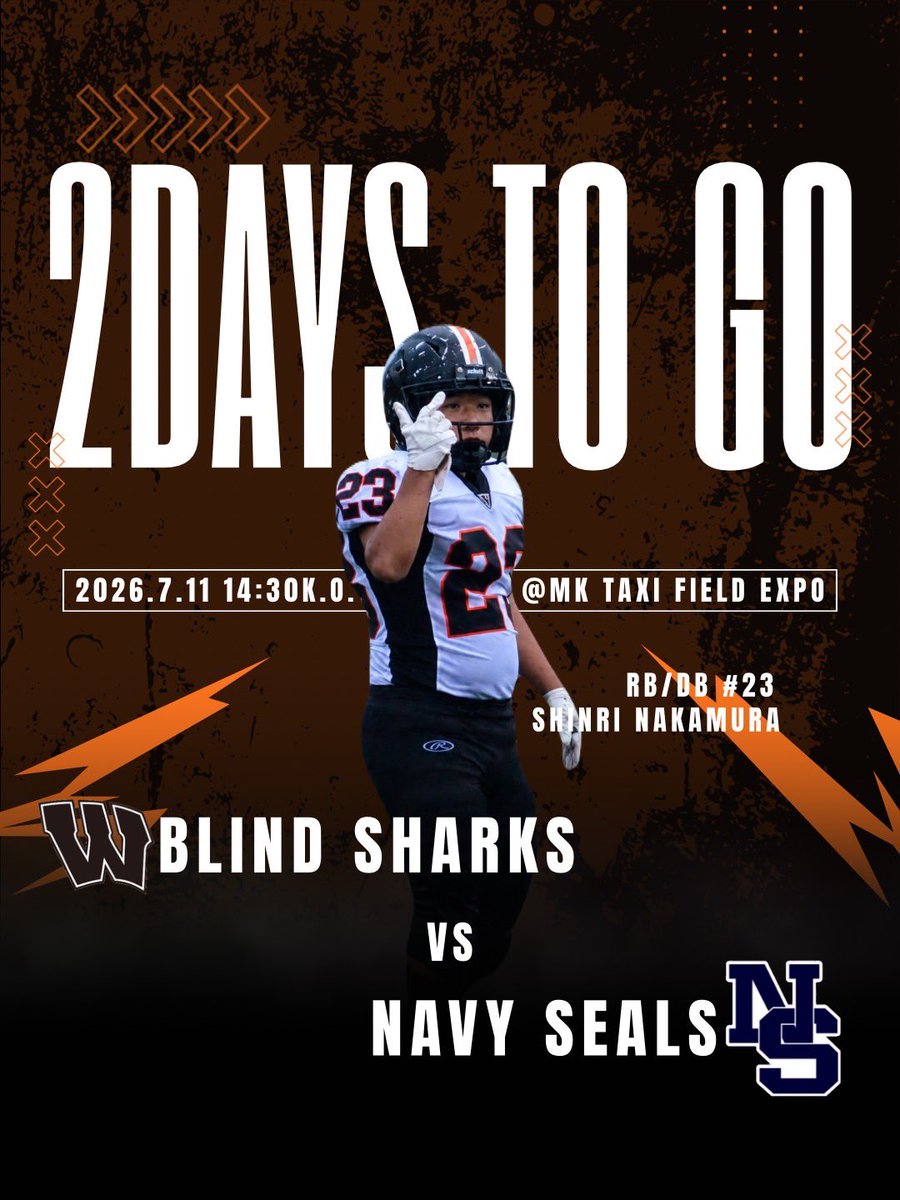 blindsharks's tweet photo. 【試合告知】
2日後、2026年7月11日（土）
MK TAXI FEILD EXPOにて、神戸学院大学 NAVY SEALSとの試合、14:30K.O.です。

RB/LB #23 中村真理
「春シーズン最後の試合全員で力を出し切って勝ち切ります」

和歌山大学、春の最終戦です！
ぜひ会場でのご声援よろしくお願い致します！！ https://t.co/c5CFIvmYQK