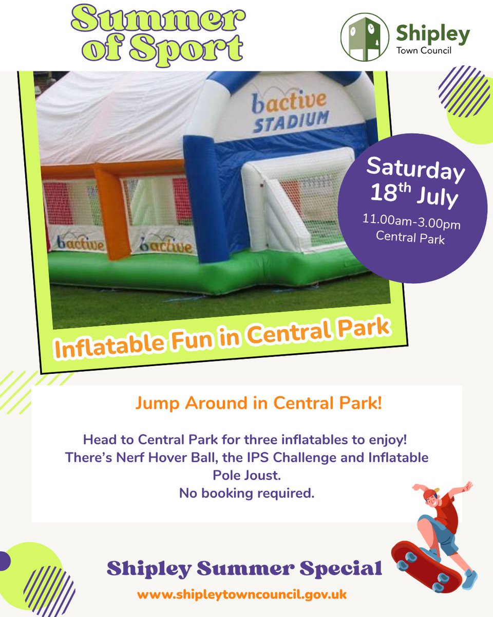 ShipleyTC's tweet photo. Shipley Summer Special is on Sat 18th July!
We have lots of free entertainment planned, inc. large inflatables in central park &amp;  children's yoga by Just Bee Yoga in Shipley Library.
Find out about all the other free events activities taking place at https://t.co/sYLP3l0ndv https://t.co/1r0DT1JLeh