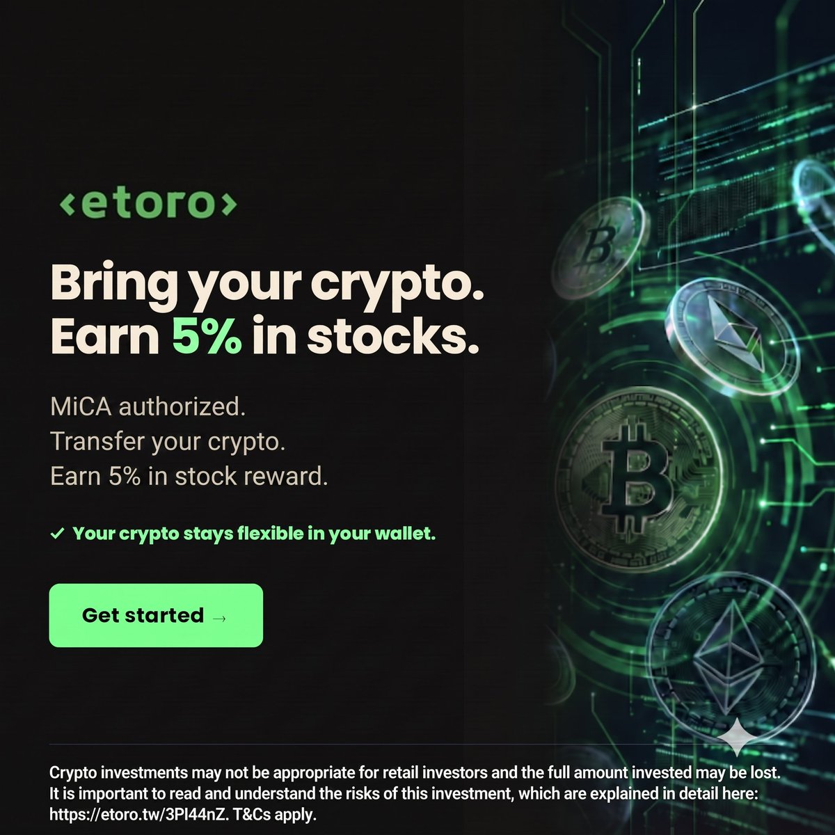 eToro's tweet photo. Transfer crypto. Get stocks. Earn 5% in stocks on your crypto transfers. Limited-time offer. New customers only. T&amp;Cs apply.
