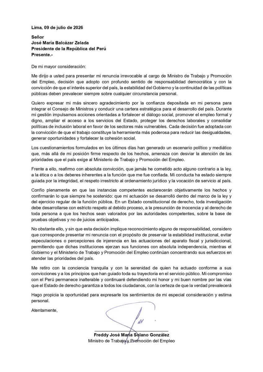 freddysolanog's tweet photo. He tomado la decisión de presentar mi renuncia al cargo de ministro de Trabajo y Promoción del Empleo, convencido de que el interés del país y la fortaleza de nuestras instituciones deben estar siempre por encima de cualquier circunstancia personal.

Esta decisión no representa un paso atrás ni una renuncia a mis principios. Me retiro del cargo con la conciencia tranquila, la frente en alto y la satisfacción de haber actuado siempre con honestidad, responsabilidad y absoluto respeto por la ley. Confío plenamente en que la verdad será esclarecida en el marco del debido proceso.

Quienes me conocen saben que mi vocación de servicio no depende de un cargo. Seguiré trabajando con la misma convicción, defendiendo los valores en los que creo y contribuyendo, desde cualquier espacio, al desarrollo del Perú y al bienestar de todos los peruanos.

Gracias a quienes depositaron su confianza en mí y acompañaron este camino. Los cargos son temporales; el compromiso con el país, la integridad y la vocación de servicio permanecen.