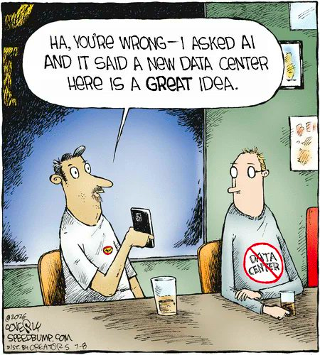 pickover's tweet photo. Humor.  Artificial Intelligence.  Data Centers.  "I asked AI...." 

By Dave Coverly, @speedbumpcomic, https://t.co/NJz2h49oWh, Used with permissio https://t.co/8ocahnxRFq