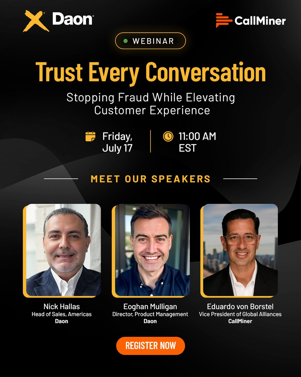 DaonInc's tweet photo. Join Daon and CallMiner on July 17 to learn how leading organizations are combining trusted identity verification, biometric authentication, and conversation intelligence to build more secure, trusted customer experiences.
Register now: https://t.co/mHRVZF3tXU https://t.co/7jPvgibe0V