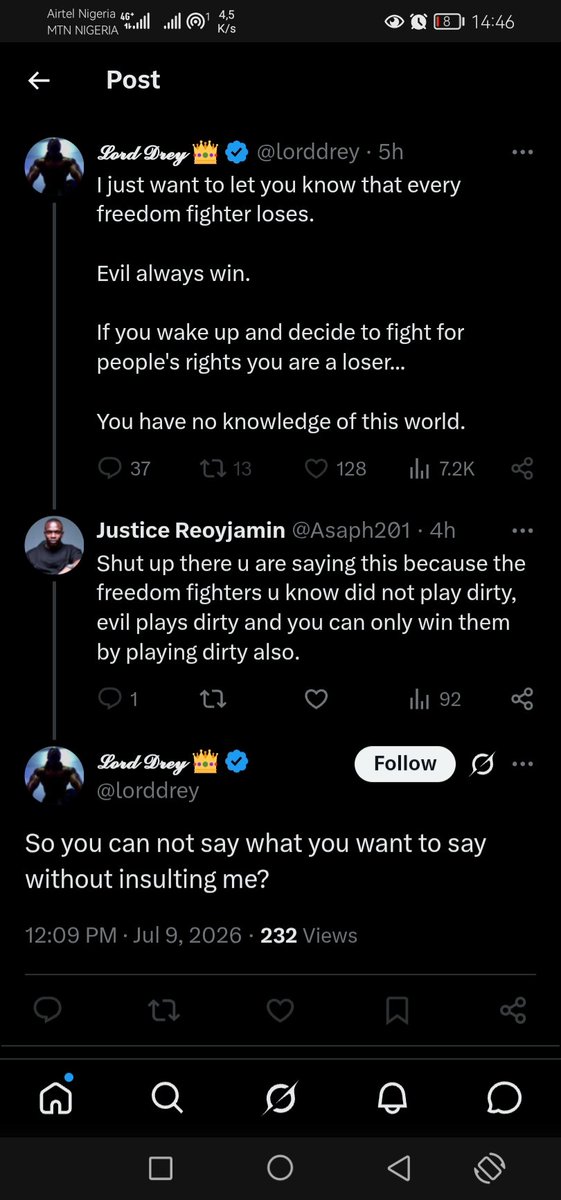 Asaph201's tweet photo. It wasn't an insult, I had to rebuke you for saying that God Almighty Always Looses to evil because it seems you don't understand you posted.

@lorddrey https://t.co/GtS0iUHo2R