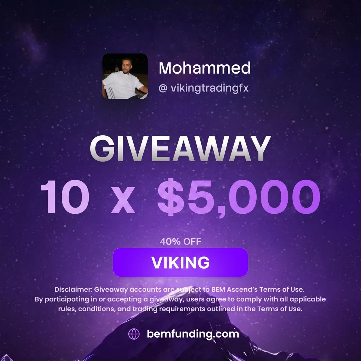 vikingtradingfx's tweet photo. Giveaway 10X5k Accounts 🚨 🔥 

How To enter : 
 >> Follow @BemFunding @0xdd11a @vikingtradingfx 

Like &amp; Repost

Tag 2 friends 

Let’s Go 🔥 https://t.co/o9wPkdodhJ
