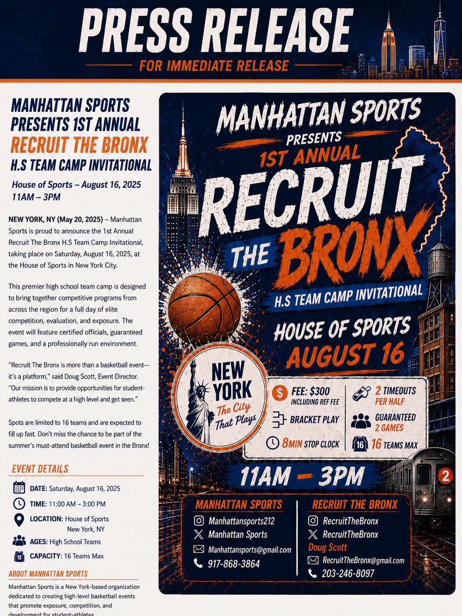 lucky_brannon's tweet photo. Manhattan Sports 
               Presents 
               1st Annual 
Recruit The Bronx Team Camp Invitational 
-August 16 2026 
- House of Sports Ardsley NY 

https://t.co/m14D8jQROF https://t.co/rL1BNcBeZP