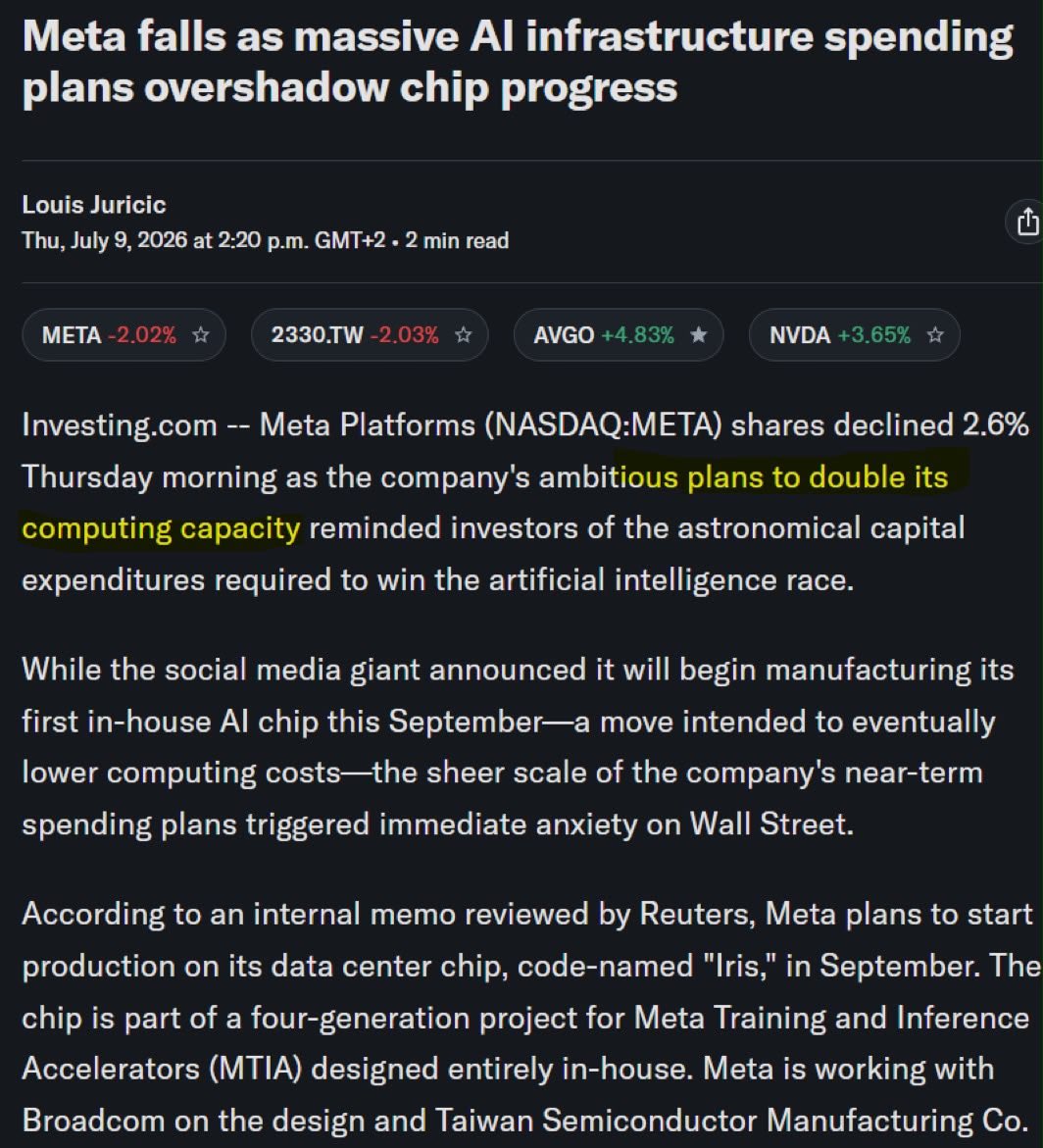 ApexFlowSTKs's tweet photo. Meta the Hyperscaler plans to deploy seven gigawatts of computing infrastructure this year and double that capacity by 2027. To get there, the company expects to spend as much as $145 billion 👀on AI infrastructure this year alone.

Meta is locking in long-term supply agreements with Samsung Electronics and some other small and mid caps to secure the components needed for this expansion.

In other news:
Meta is building its first big Canadian data center in the province of Alberta, an attractive spot for development due to the hefty amount of available energy and friendly regulatory environment.

The 1 gigawatt facility will cost Meta about $9 billion and take two to three years to build.