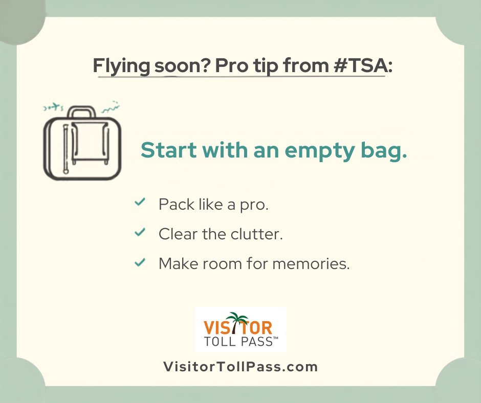 VisitorTollPass's tweet photo. ✈️ Flying soon? Pro tip from #TSA: Start with an empty bag.
🧳 It’s the smartest (and trendiest) way to avoid accidentally packing prohibited items.
✅ Pack like a pro. Clear the clutter. Make room for memories.
#PackSmart #TravelTips #VTPatMCO #VisitorTollPass https://t.co/DwpftRumWP