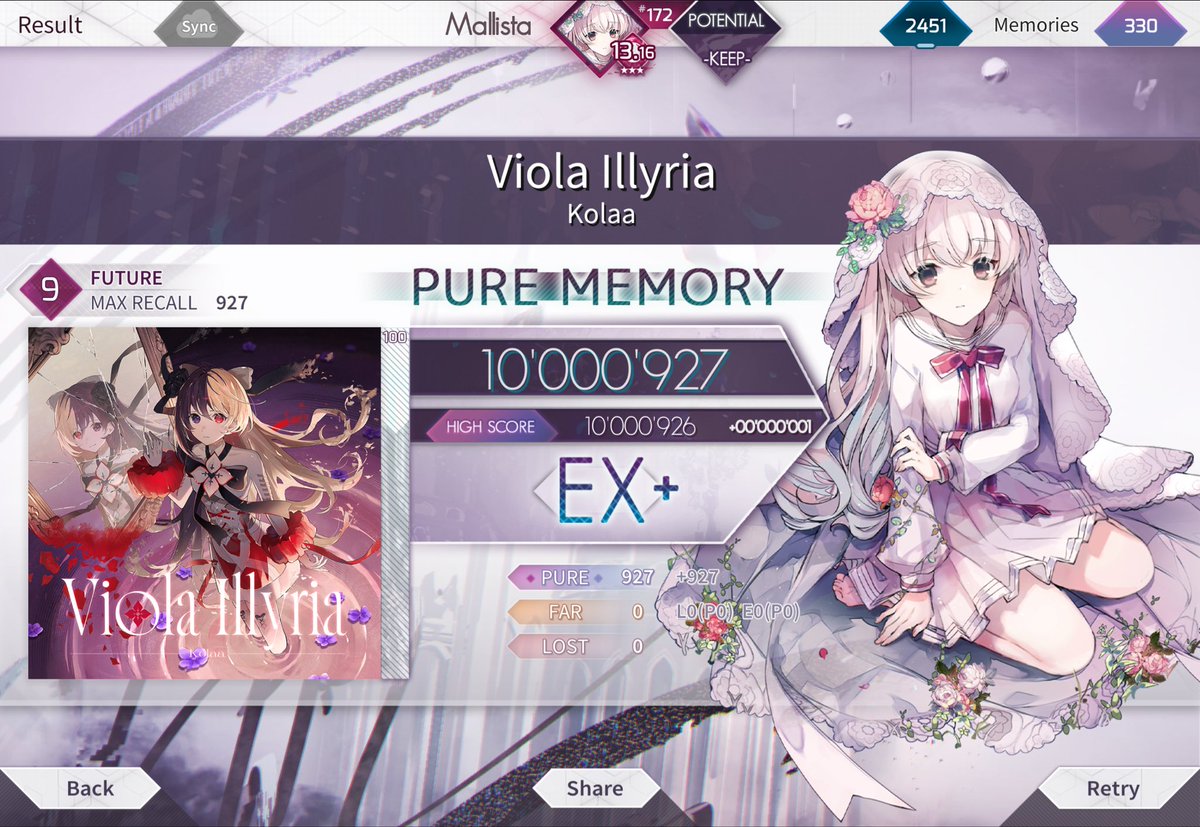GGMallista's tweet photo. #arcaea
Viola Illyria FPM(MAX/理論値)
理 270 https://t.co/0KEoEFb53L