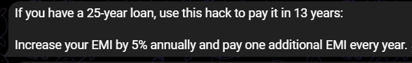 InPaise's tweet photo. I heard this from an experienced person.

your emi pays more interest and less principal in starting years and it reverses as years progress. banks have extracted interest from you at the start only. 

best: invest delta amount to get 2-5% higher than HL interest

#homeloan https://t.co/iuOeS4Phrd