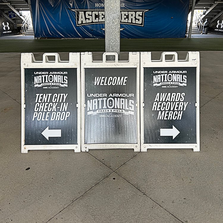 AMIGraphics's tweet photo. 🏃‍♀️🏆 Proud to support the Under Armour Track &amp; Field Nationals at IMG Academy!
Custom A-Frames, mesh fence banners, and vinyl graphics helped create a championship-ready experience for athletes and fans.
#UnderArmour #UATrackAndField #IMGAcademy #EventBranding #Wayfinding https://t.co/TfJmmnPr9A