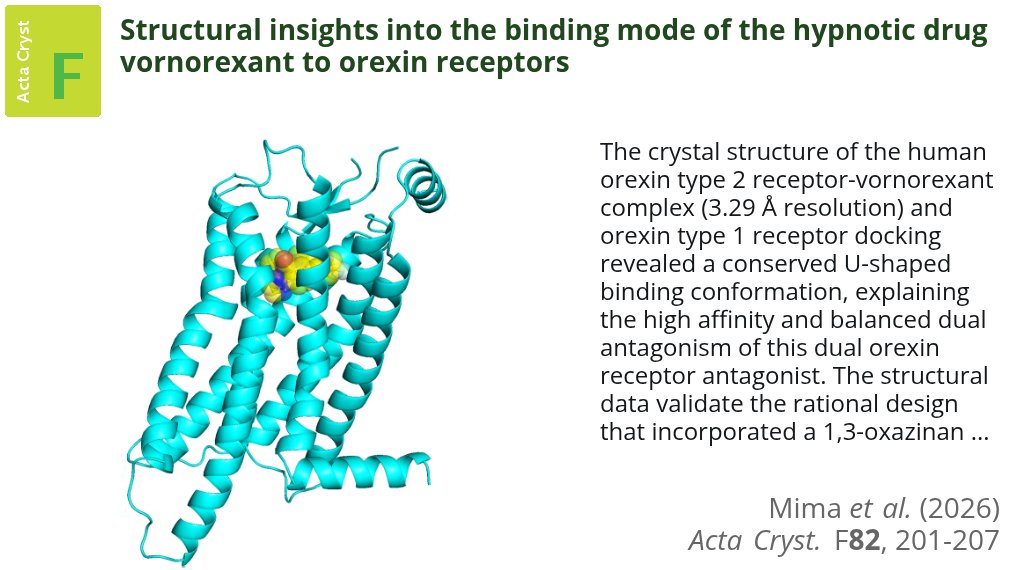 ActaCrystF's tweet photo. The molecular interactions of the insomnia drug vorenorexant with human orexin receptors were analysed through crystal structure analysis and docking simulations @ActaCrystF @IUCr #Vornorexant #OrexinReceptors #CrystalStructure https://t.co/bPiBzdHStB https://t.co/y1zZjumvNM