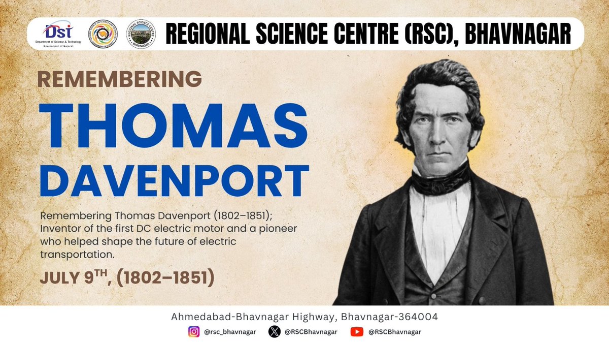 kya_yaar_dhara's tweet photo. Long before the modern EV revolution, there was Thomas Davenport. ​On his birth anniversary, @RSCBhavnagar  remembers the inventor of the first DC electric motor and a true pioneer of electric transportation. 🛠️✨
​#ScienceEnthusiasts #Innovation #STEM #HistoryOfScience https://t.co/9e26Ix45HW