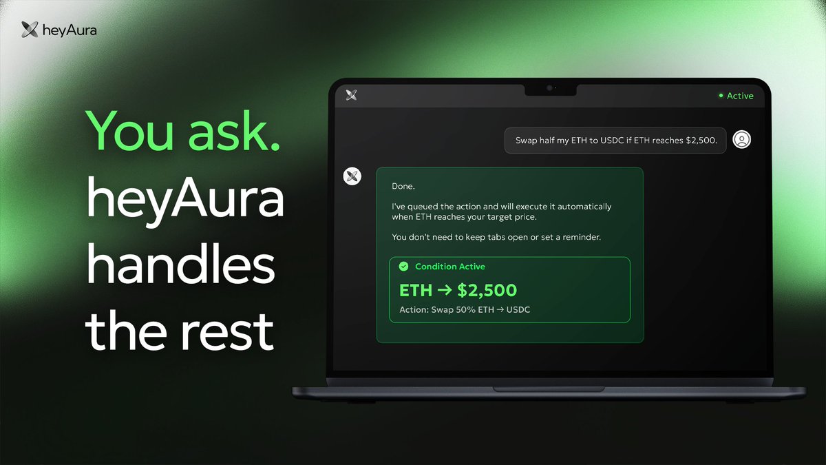 heyaura's tweet photo. You can literally type:

"Swap half my ETH to USDC if ETH reaches $2,500.”

and heyAura queues it.

No alarms/tabs open/reminders - and it is done when the conditions hit.

https://t.co/jmMo7ip6wA https://t.co/noGFF5xxj7