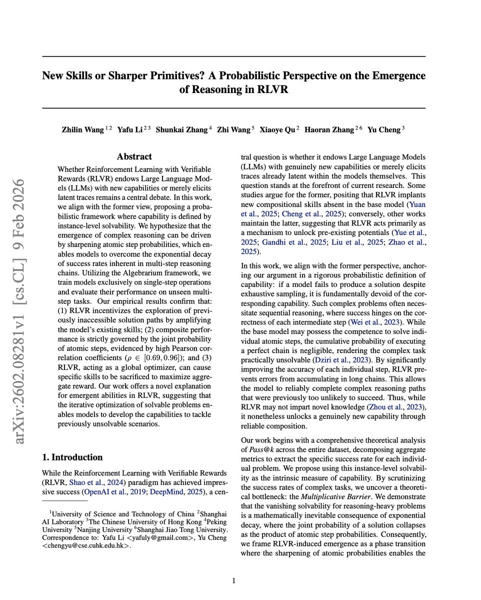 yafuly's tweet photo. 🎉 Excited to share that our two papers have been accepted to COLM 2026!

1️⃣ New Skills or Sharper Primitives? A Probabilistic Perspective on the Emergence of Reasoning in RLVR

2️⃣ Rethinking Generalization in Reasoning SFT: A Conditional Analysis on Optimization, Data, and Model Capability

Huge thanks to all collaborators! Looking forward to COLM 2026 🚀