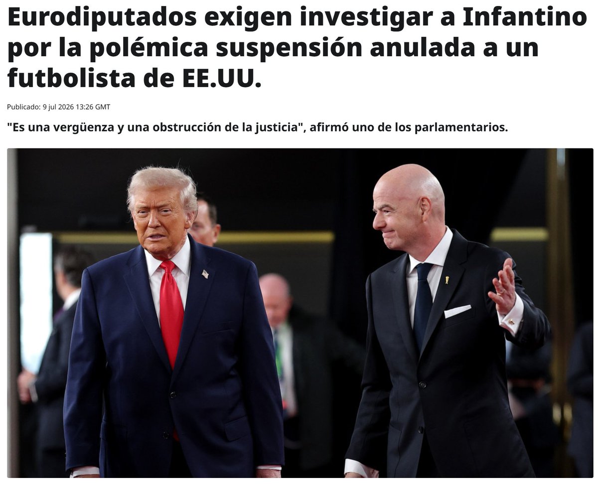 ActualidadRT's tweet photo. Infantino, otra vez bajo fuego: 72 eurodiputados exigen investigar si el presidente de la FIFA levantó la sanción a Balogun tras una llamada de Trump
  
"Modificar una roja en pleno torneo es una vergüenza y una obstrucción de la justicia"
  
¿Fútbol o servilismo político? https://t.co/LZhxuYLtZZ
