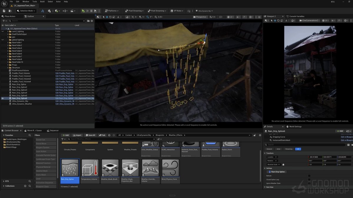 Gnomon_Workshop's tweet photo. The difference between rain that looks like a filter and rain that looks real is layering: splashes, drips, puddles, each doing separate work. 

Ted Mebratu breaks down how he stacks Ultra Dynamic Weather tools to get there in UE5 in his ✨FREE✨ workshop: https://t.co/t2KA6G5n2E https://t.co/gEFl9EwEqO