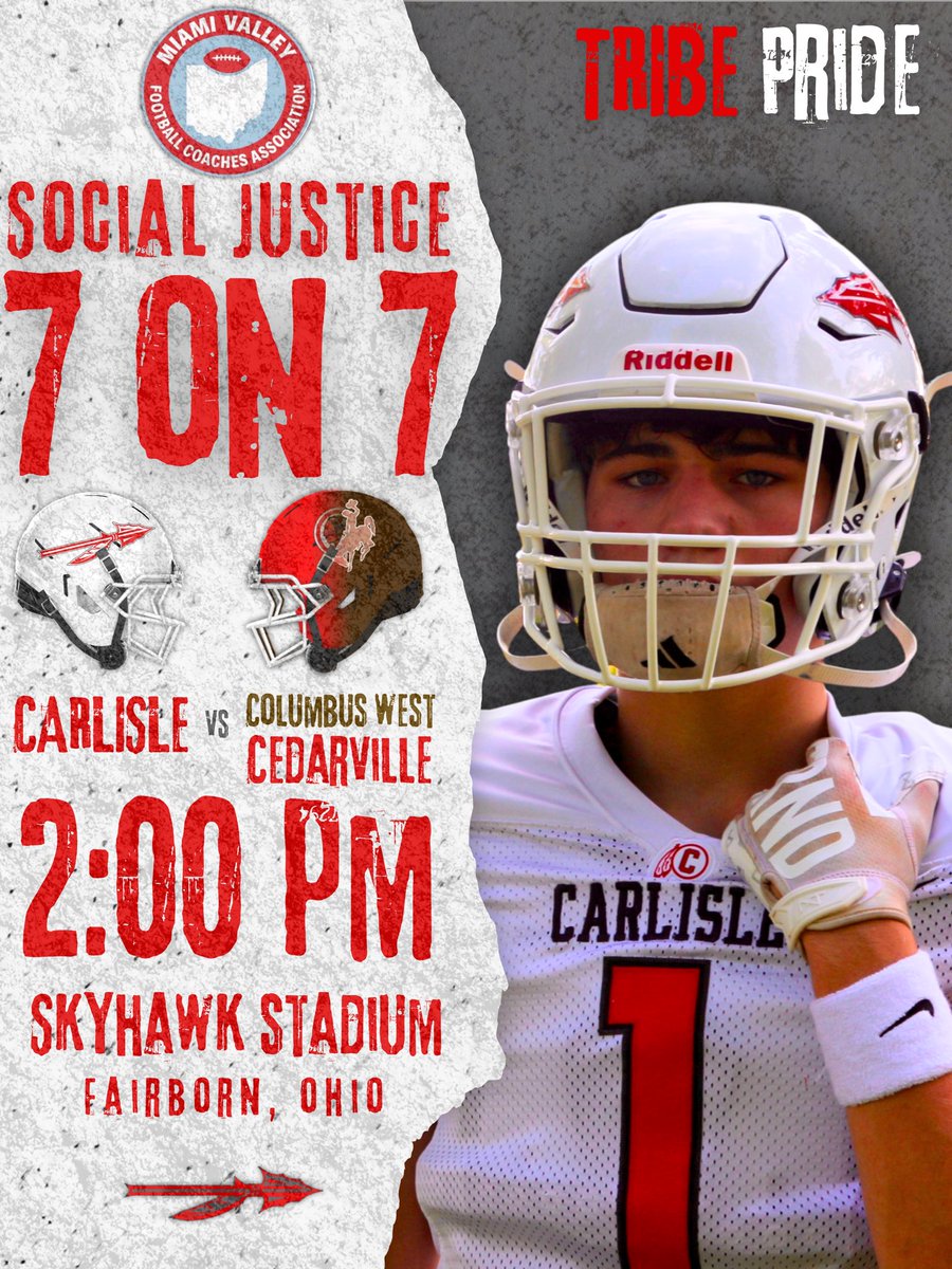 CarlisleFBall's tweet photo. 𝟕 𝐎𝐍 𝟕 𝐆𝐀𝐌𝐄𝐃𝐀𝐘
Vs Columbus West and Cedarville
🕔 2:00 PM ET
📅Thursday, July 9, 2026
📍Skyhawk Field, Fairborn, Ohio
#tribepride
#1family1tribe https://t.co/LBv2MbFv3i