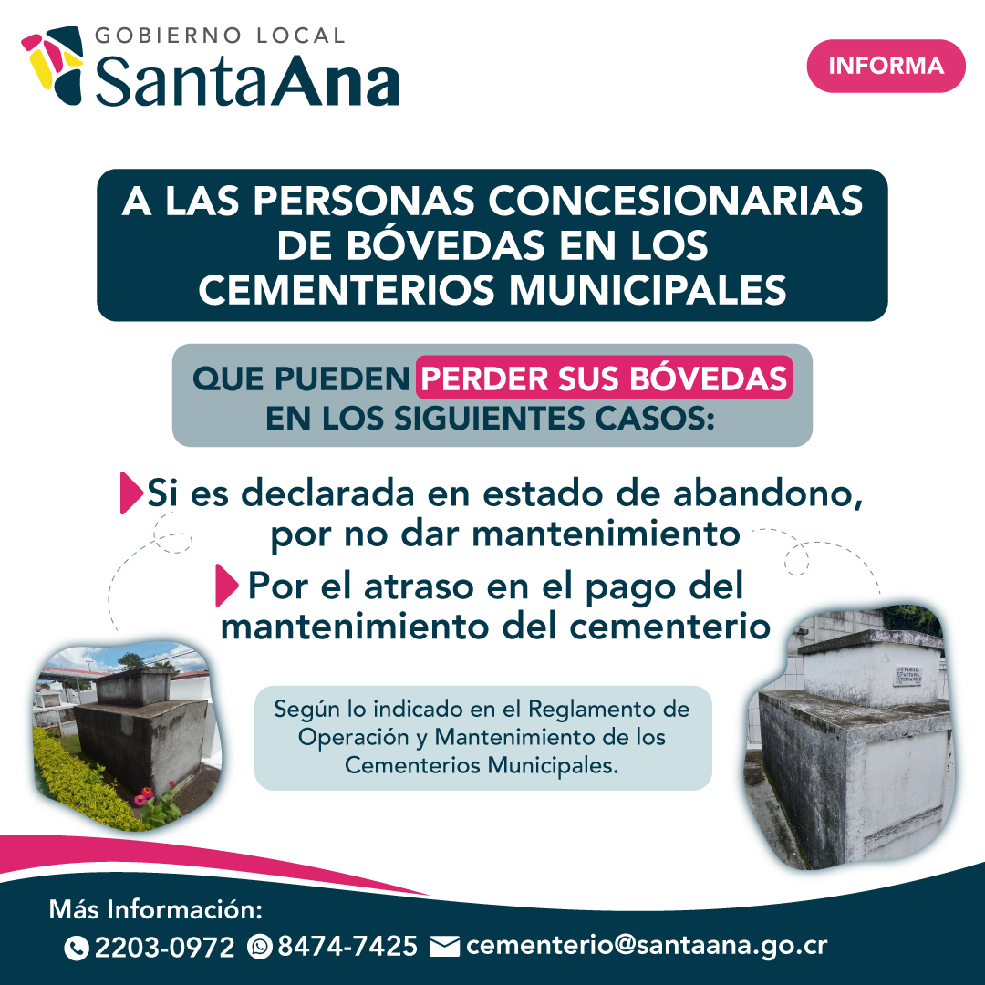 SantaAnaGob's tweet photo. #Atención

El Gobierno Local les recuerda a las personas concesionarias de bóvedas en los cementerios municipales que pueden perder sus bóvedas si estas quedan en abandono por falta de mantenimiento o mantenga un retraso de pago del servicio de cementerio.

Más información👇 https://t.co/l3V8TctGkX