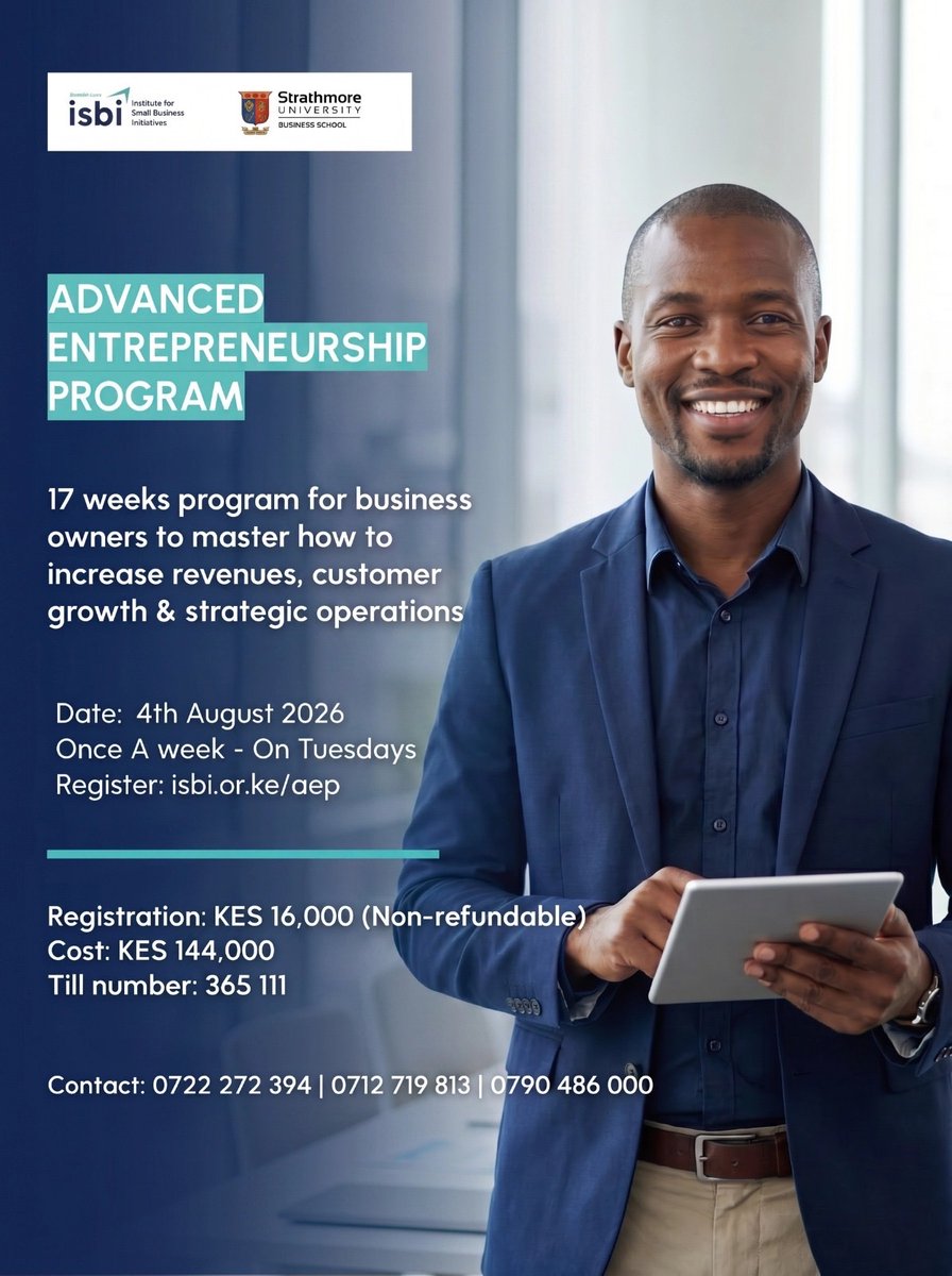 ISBIKenya's tweet photo. Your business called….it wants an upgrade!!📈

Whether your looking to scale,streamline or simply think bigger,the Advanced Entrepreneurship Program (AEP) has all the necessary assets to make this happen!

🗓️ 4th August 2026
📍 Strathmore Business School 

Ready to level up?? Your next chapter starts here!

Registration ongoing 👉🏾https://t.co/igiw9R3zXL 

#AEP #isbikenya #scaleyourbusiness #entrepreneurship
