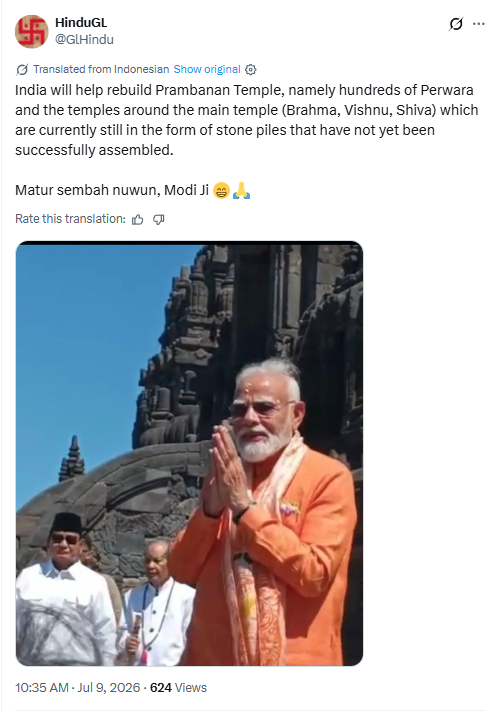 viprabuddhi's tweet photo. Here is an Indonesian Hindu thanking PM Modi for restoration project of the Prambanan complex's remaining temples 🕉️

Indonesian economy will become more integrated with India in coming years through avenues like religious pilgrimage + trade 🇮🇩🇮🇳 https://t.co/lUxDnbY3LN