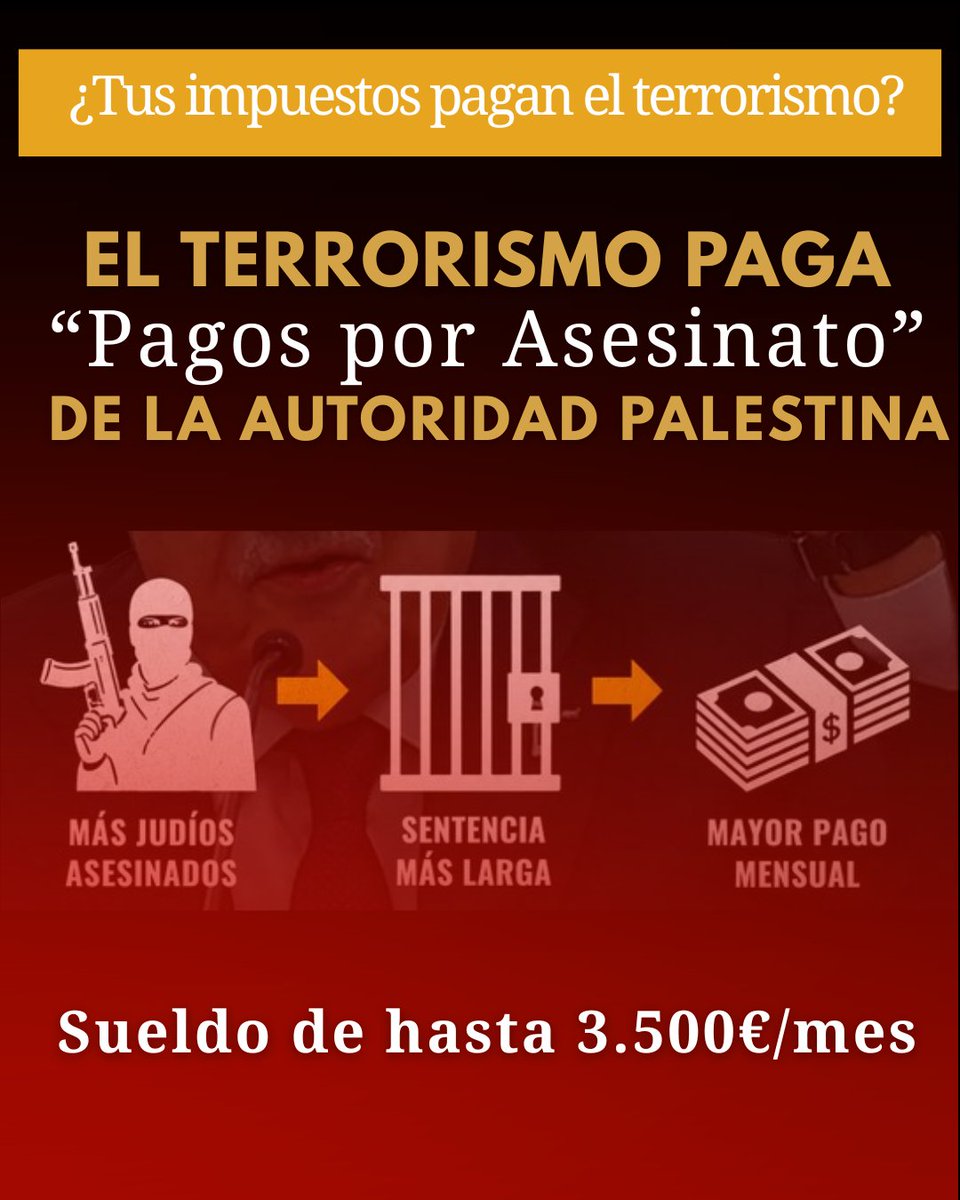 IsraelinSpain's tweet photo. ¿Estarías dispuesto a que tus impuestos financien el terrorismo?

El sistema de "Pagos por Asesinatos" de la Autoridad Palestina recompensa económicamente a terroristas y a sus familias con fondos procedentes, también de gobiernos de la Unión Europea.

Los gobiernos europeos deben exigir a la Autoridad Palestina total transparencia sobre el destino de los fondos.