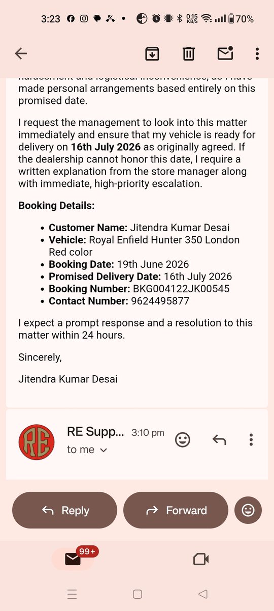 desai_jits's tweet photo. @royalenfield All details mentioned in my mail and please arrange delivery on 16th July 2026 nothing else I want and I have booked this bike on 19th June 2026 https://t.co/qkpcDGGJyf